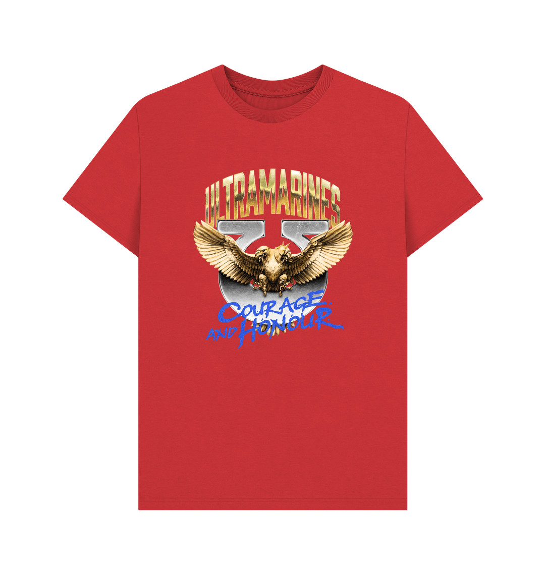 Red Warhammer 40,000: 'COURAGE & HONOUR' T-Shirt as featured in Secret Level