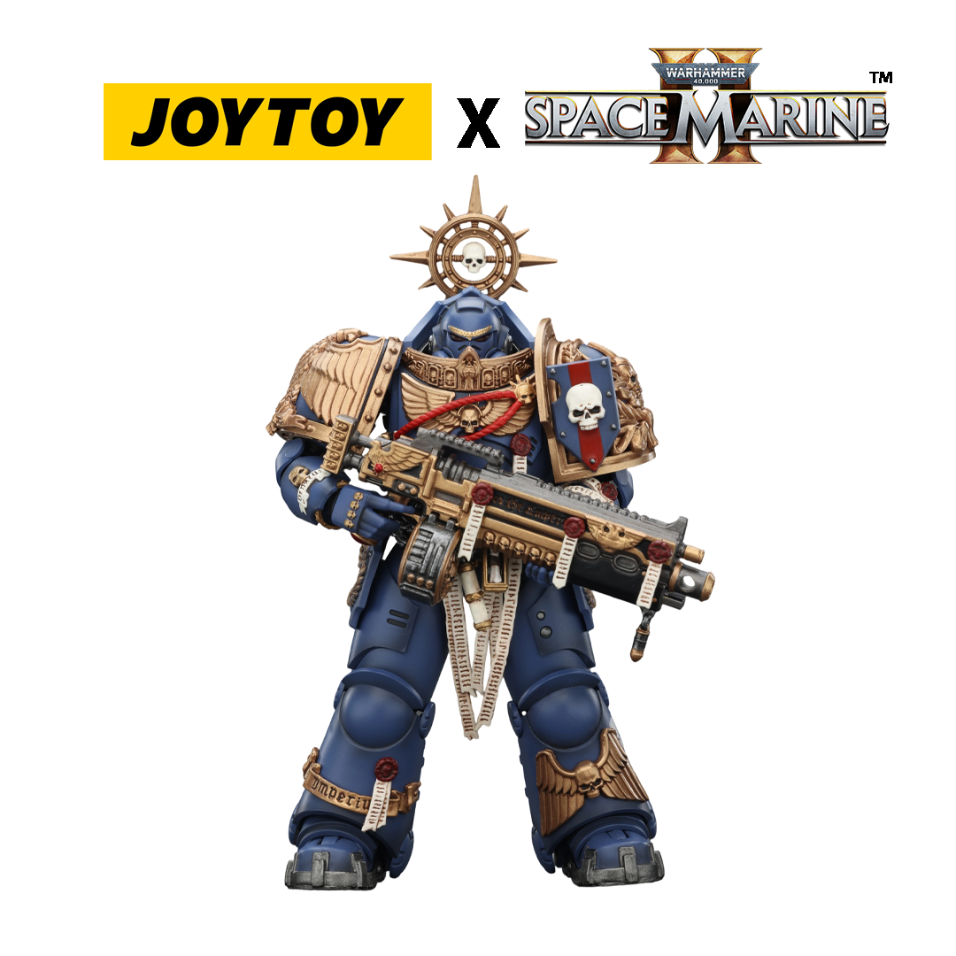 JoyToy Warhammer 40,000 Space Marine 2 Action Figure - Ultramarines, Heavy Relic Primus Armour, with Heavy Relic Bolt Rifle (1/18 Scale) Preorder