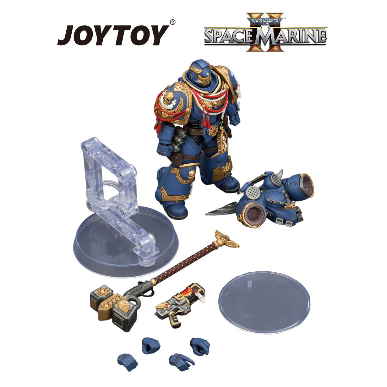JOYTOY Warhammer 40,000: Space Marine 2 - Game Edition Ultramarines, Assault Intercessor with Jump Pack, Thunderhammer and Neo-volkite Pistol (1/18 Scale) Preorder