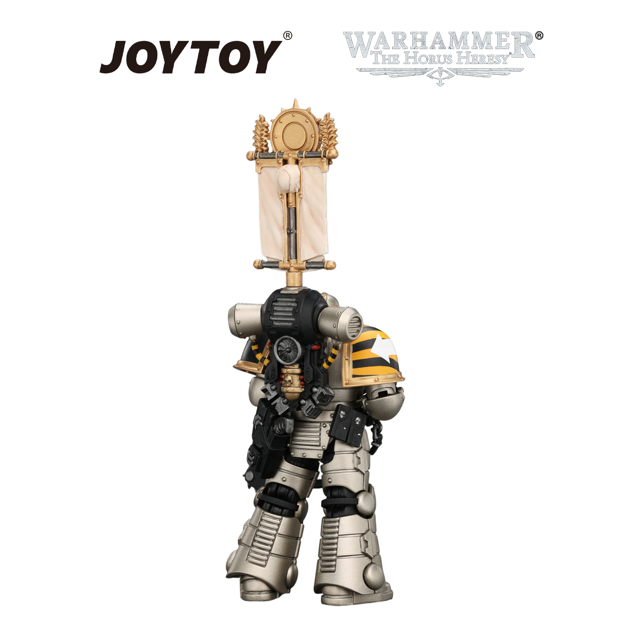 JOYTOY Warhammer The Horus Heresy - Iron Warriors, MkII Legionary 1 with Vexilla, Bolter and Bolt Pistol (1/18 Scale) Preorder