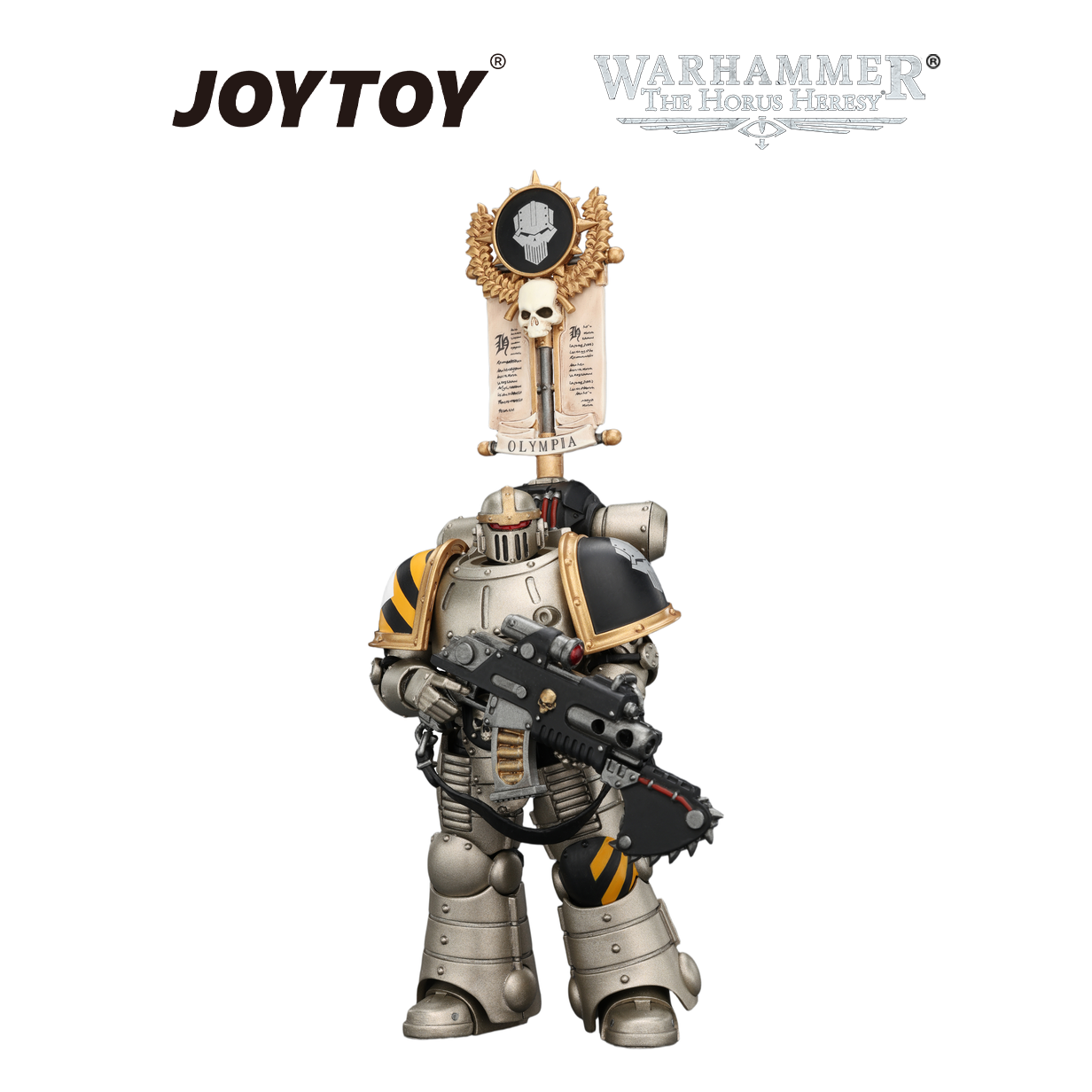 JOYTOY Warhammer The Horus Heresy - Iron Warriors, MkII Legionary 1 with Vexilla, Bolter and Bolt Pistol (1/18 Scale) Preorder