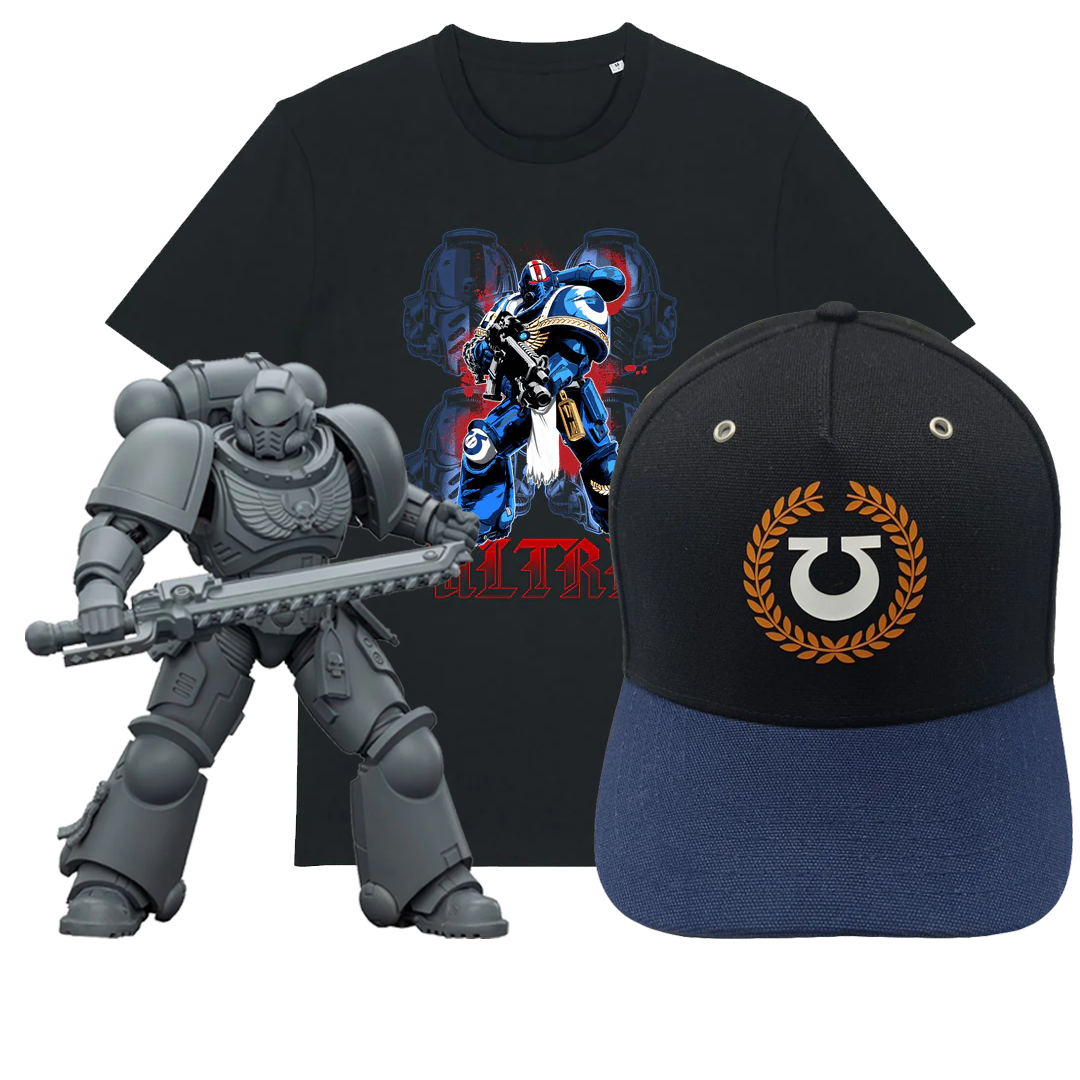 JoyToy Warhammer 40,000: Space Marine 2, Space Marines Intercessor, Armouring Hall Edition (1/18 Scale) & Bespoke Cap & T Shirt Bundle