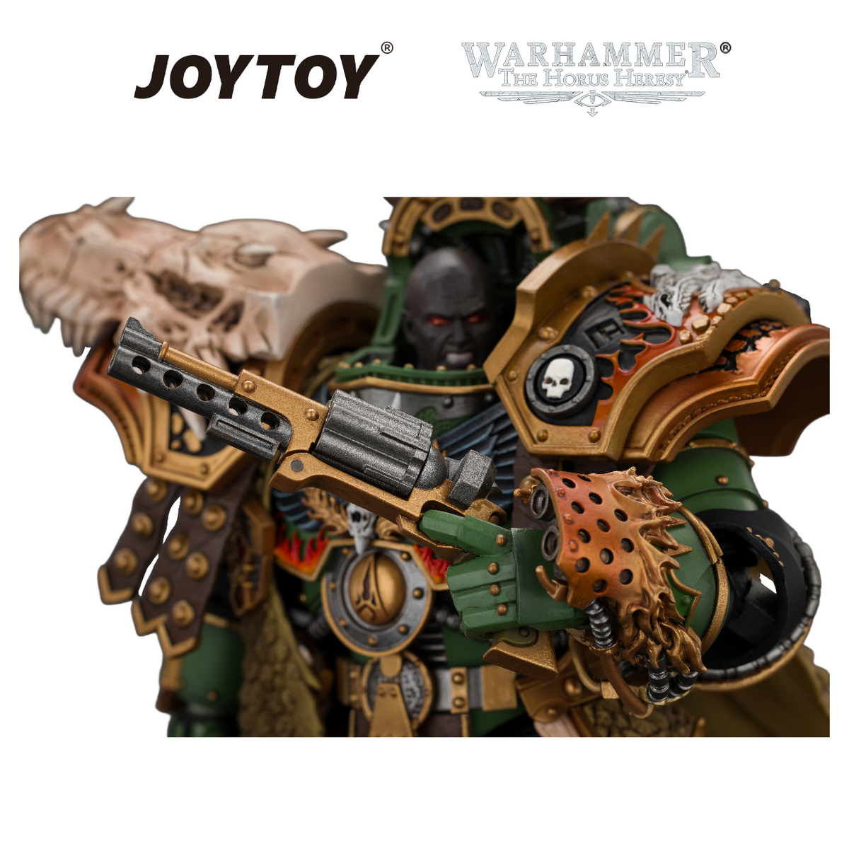 JOYTOY Warhammer The Horus Heresy - Salamanders, Vulkan, Primarch of the XVIIIth Legion with Dawnbringer, The Furnace's Heart and Dragon's Breath Gauntlet (1/18 Scale) Preorder & Exclusive T Shirt